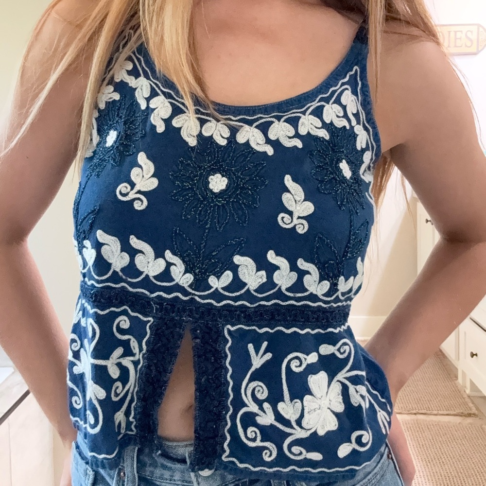 Vintage Navy and White Embroidered Tank Top